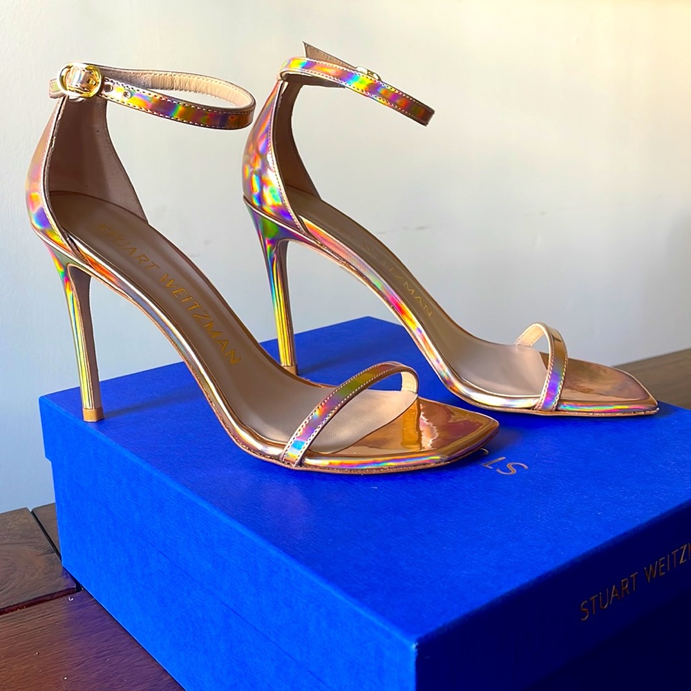 Stuart Weitzman 8.5 Nudistcurve Rose Gold Hologram 4” Heel Sandal